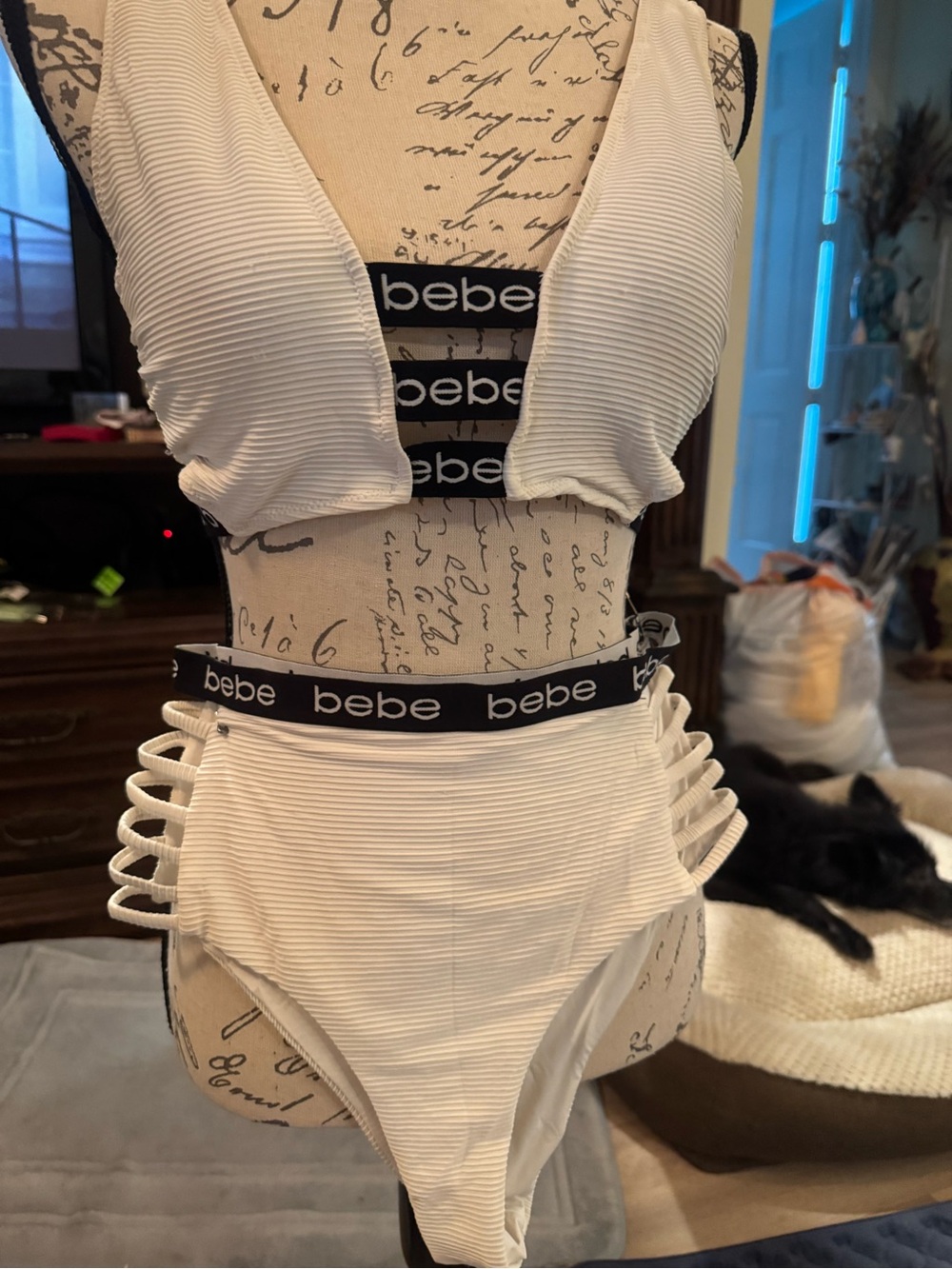bebe White Ribbed Two-Piece Bikini Set m-l